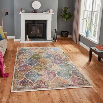 Athena 24021 Traditional Moroccan Tile Vintage Distressed Shimmer Soft-Touch Low Profile Short Pile Multicolour/Green/Blue/Pink Rug-Think Rugs-Rug Love - The Most Loved Rug Store